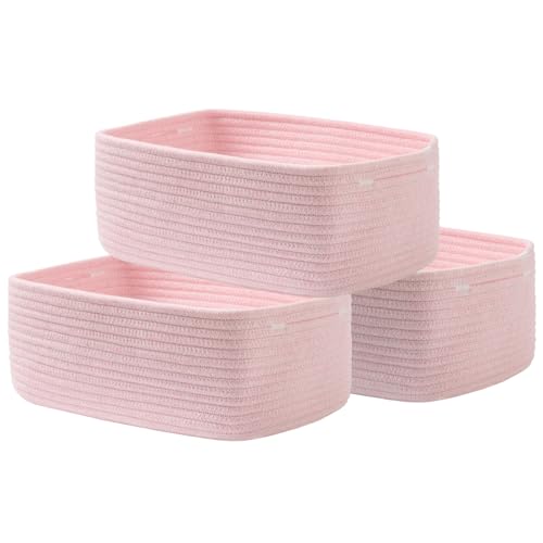 Small Woven Basket, 13.5 x 9.5 x 5 Inches, Storage Basket for Organizing, Cute Small Rope Shelf Closet Cube Storage Bins Baskets for Shelves, Dog Toy Gift Baskets Empty, 3 Pack Light Pink - color: Light Pink, size: 13.5"L x 9.5"W x 5"H