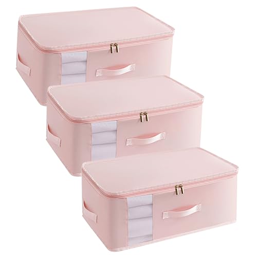 3 Pack Large Canvas Storage Bags, Zipper Closet Organizers Thick Handles Clear Window, Foldable Cotton Linen Containers for Clothes Sweater/Bedding（Bean Pink） - color: Bean Pink