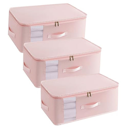 3 Pack Large Canvas Storage Bags, Zipper Closet Organizers Thick Handles Clear Window, Foldable Cotton Linen Containers for Clothes Sweater/Bedding（Bean Pink） - color: Bean Pink