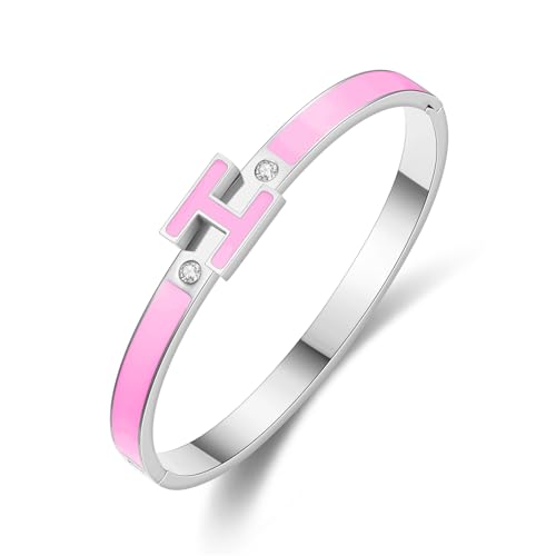 Gold Bracelets for Women, H Bangle Bracelet, Dainty 18K Gold Plated Stainless Steel Enamel Bracelet for Everyday, Work, Party, Stackable Gift for Mom, Wife, Girlfriend - color: Silver-Pink