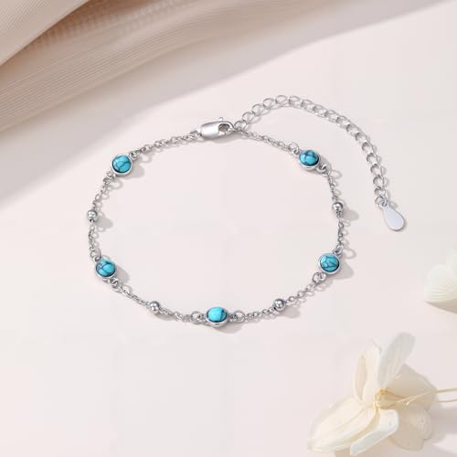Anklet Bracelet for Women 925 Sterling Silver Natural Stone Chain Bead Ankle Bracelet Beach Summer Fine Jewelry Mothers Day Birthday Gifts for Women Mom Wife