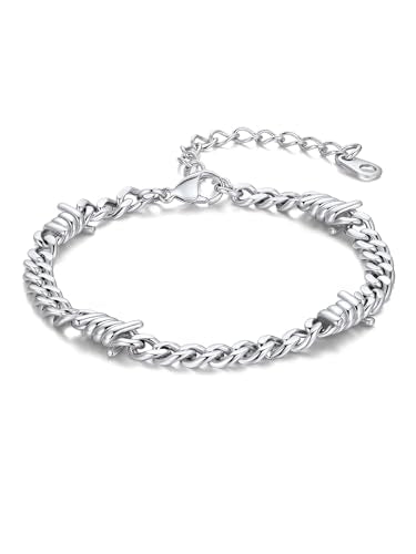 Bandmax Barbed Wire Chain Bracelets for Men Women Stainless Steel/Black/Gold Thorn Cuban Link Bracelet Adjustable Punk Emo Style Jewelry Gift - color: 04 5MM-Silver Tone