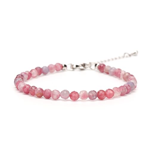 Crystal Bracelet for Women, Natural 4mm Faceted Beads Adjustable Bracelet, Small Beaded Healing Gemstone Bracelet - color: Pink Tourmaline