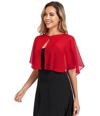 TONGFANTFL Women's Soft Chiffon Capelets Shawls and Wraps for Evening Wedding Cape Bole Cover Up - color: Red