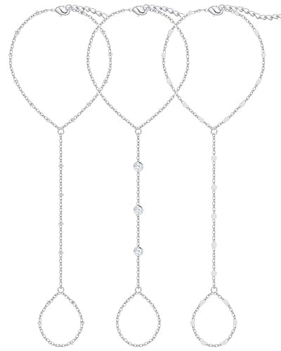3PCS 14K Gold-Plated Hand Chain Bracelets for Women, Stack Bracelets Set Adjustable, Trendy Dainty Ring Bracelet Hand Chain - color: sliver-3-dainty