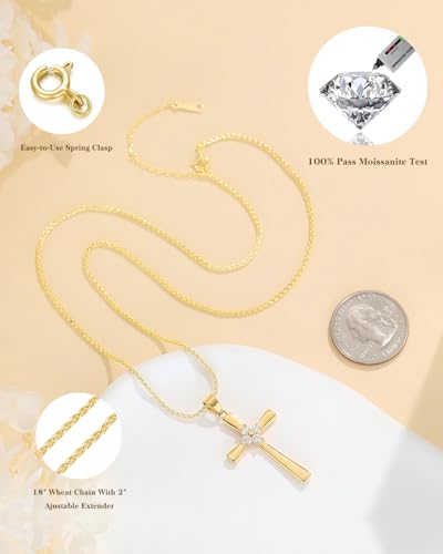 1CT Moissanite Cross Necklace for Women Wife, 18K Gold Filled or Sterling Silver Cross Pendant Chain Jewelry,Anniversary Birthday Gifts for Women Wife Her with LED Light-Up Gift Box and Gift Card - style: Gold-No Card