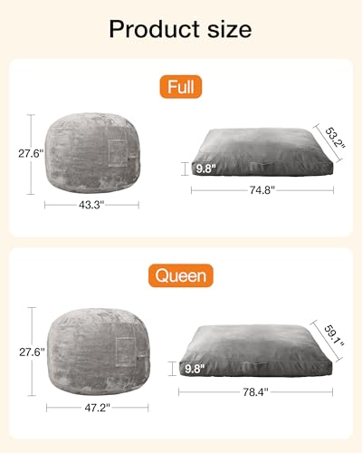 YEFU Bean Bag Chair for Adults: 4-in-1 Convertible Giant Bean Bag Bed, Overstuffed Memory Foam Floor Couch with Two Machine Washable Covers, Large Chair Bed for Living Room Bedroom, Full Grey - size: Full
