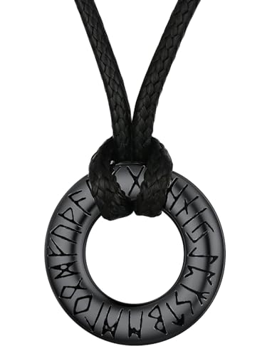 FaithHeart Norse Viking Rune Necklace with Adjustable Braided Leather/Stainless Steel Rope Chains for Men Women, Vintage Amulet Jewelry Gift with Delicate Box - color: 01. Circle-Black