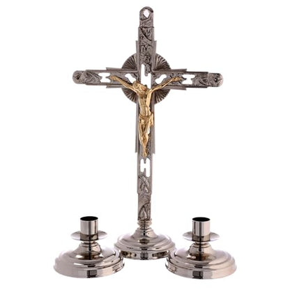Holyart Altar Set with Two Bicolor Brass Cross and candlesticks