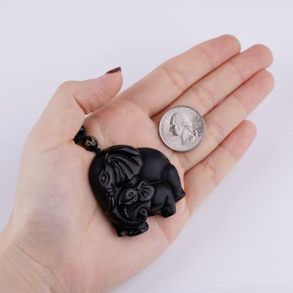 Black Obsidian Necklace Protection Pendant with Extended Bead Chain Healing Crystal Stone Amulet Necklace for Men Women - color: ElephantB