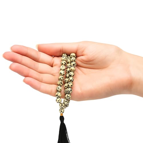 Amazing Gemstone Japa Mala 108 Prayer Beads Necklace and Wrist Mala Bracelet for Meditation - color: Dalmatian Jasper, size: Without Knots