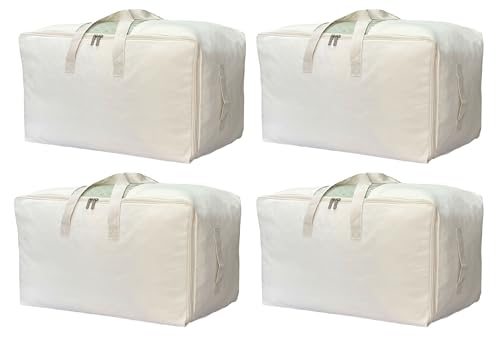 Soft Canvas Storage Bag with Zipper and Clear Window, Cotton Linen Organizer Storage for Pillow, Sweater, Sheets and Bedding, 55L, 4 Pack, Beige - color: Beige, size: 55L - 4 Pack