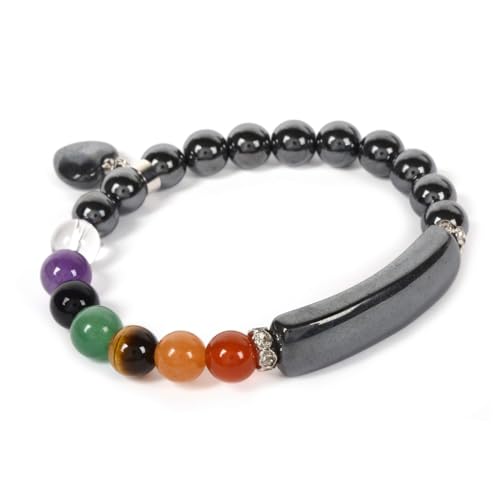 Justinstones Gem Semi Precious Gemstone Love Heart Charm Stretch Beaded Bracelet Unisex - color: Hematite(7 Chakra)