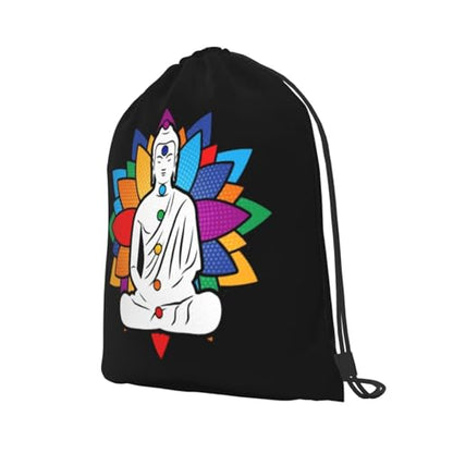 Buddha Chakra Meditation Drawstring Backpack Bag Sport Gym Sackpack for Men Women (Black) - size: Medium 19.6x16.5in
