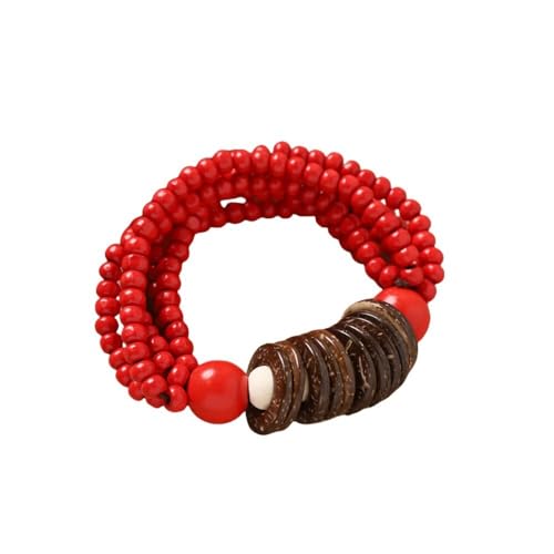 Bohemian Handemade Wood Beads Stretch Bracelets Vintage Chunky Multi Layered Wooden Elastic Wide Bangle Bracelet for Women Men - color: Red