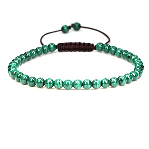 Keleny Natural Gemtones 4mm Round Beads Crystal Adjustable Braided Macrame Tassels Bracelets Unisex - color: Green Malachite