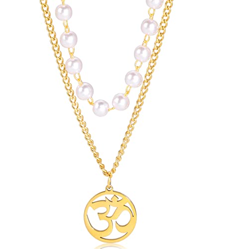 UNIFT Necklace For Women- Aum Om Ohm Sanskrit Symbol Round Pendant Beaded Double Layer Chain Charm Necklace,Hinduism Yoga Sanskrit Personalized Amulet Dainty Pendant Necklace Jewelry - color: pearl chain - gold