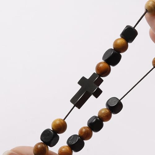 MILAKOO Wooden Bracelet with Black Stainless Steel Cross Charms Bead Christian Gifts for Women Men - color: A5