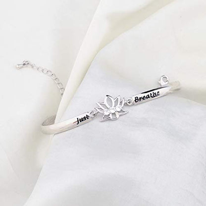 WUSUANED Breathe Lotus Flower Bracelet Yoga Spiritual Symbol Jewelry Gift For Women Girl - color: just breathe bracelet silver