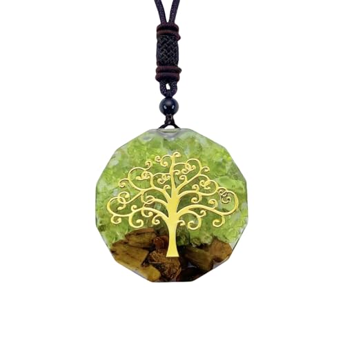 EDEN'S CALL Orgone Necklace, Tree of Life Orgonite Healing Crystal Stone Pendant Necklace for Spiritual Healing and Meditation Energy Talisman Sacred Geometry Tiger's Eye Necklaces - color: Clear Green/Peridot + Tiger's Eye