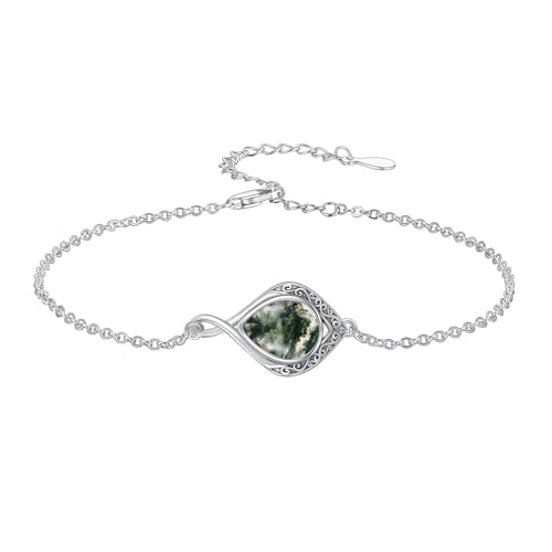 PELOVNY Celtic Knot Bracelet for Women 925 Sterling Silver Infinity Gemstone/Birthstone Bracelets Birthday Christmas Jewelry Gifts for Mom Daughter Wife - color: 02-Filigree-Moss Agate