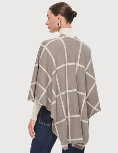 PULI Womens Elegant Cross Front Shawl Wraps Knitted Ponchos Cape Light Weight Poncho Sweater Soft Warm Travel Wraps - color: Classic Check-oatmeal and Barley Twist