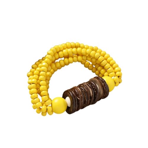 Bohemian Handemade Wood Beads Stretch Bracelets Vintage Chunky Multi Layered Wooden Elastic Wide Bangle Bracelet for Women Men - color: Yellow