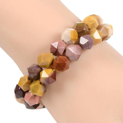 Justinstones 8mm Natural Gemstone Round Beads Triangle Faceted Charm Stretch Bracelet 6.5" - color: Multicolor Mookaite Jasper
