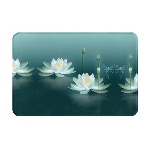 Dragonfly with Water Lily Print Flannel Anti-Slip Mat 16x24in Polyester Floor Covering, Full Single-Side Printed - color: Dragonfly With Water Lily