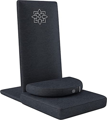 Folding Pro Meditation Chair - Adjustable Meditation Seat with Back Support and Half Moon Buckwheat Meditation Cushion - Comfortable Mindfulness Living Room Floor Chair - color: Charcoal Black