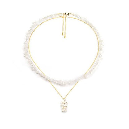2Pcs Crystal Necklace for Women Handmade Choker Necklaces Pendant Necklace Natural Stone Gemstone Beaded Necklace 18k Gold Plated Adjustable Dainty Necklace for Women - color: Moonstone