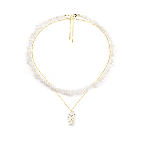 2Pcs Crystal Necklace for Women Handmade Choker Necklaces Pendant Necklace Natural Stone Gemstone Beaded Necklace 18k Gold Plated Adjustable Dainty Necklace for Women - color: Moonstone