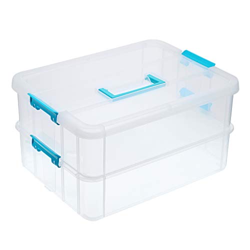 BTSKY 2 Layer Stack & Carry Box, Plastic Multipurpose Portable Storage Container Box Handled Organizer Storage Box for Organizing Stationery, Sewing, Art Craft, Jewelry and Beauty Supplies Blue - color: Blue