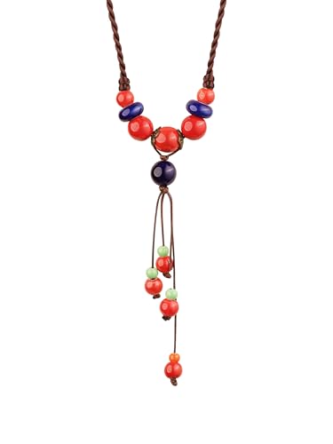 MINACHI Vintage Bohemian Ethnic Colorful Ceramic Bead Long Y Necklace, Hippie Boho Summer Fashion Jewelry Gift for Women - color: S05B
