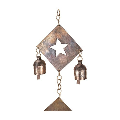 Rustic Metal Wind Chime – Triple Diamond Star Cutouts with Bells – Bronze Outdoor Garden Decor – Wind Chimes for Outside, Porch, Yard, Balcony, Memorial or Garden Gift 19 x 4.5 Inch