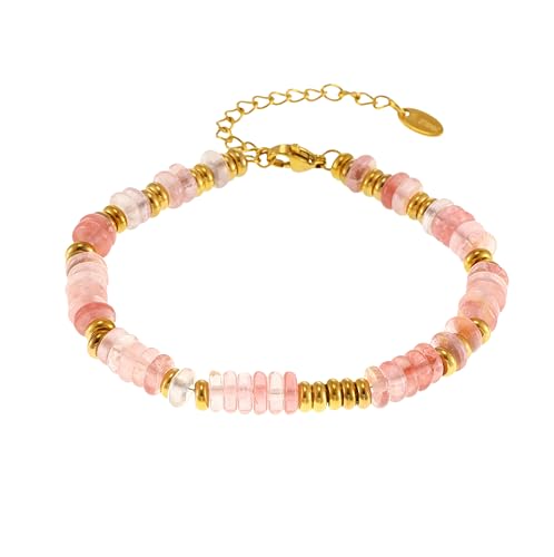 Hupplle Natural Stone Beaded Bracelets for Women 18K Gold Plated Stainless Steel Handmade Minimalist Adjustable Bracelet Trendy Jewelry Gifts for Her