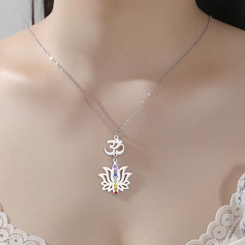 VASSAGO Lotus Flower Chakra Necklace for Women Lotus Flower Necklace 7 Chakra Pendant OM Symbol Buddha Amulet Spiritual Healing Jewelry Yoga Meditation Gift - color: Silver 2