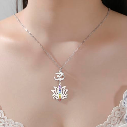 VASSAGO Lotus Flower Chakra Necklace for Women Lotus Flower Necklace 7 Chakra Pendant OM Symbol Buddha Amulet Spiritual Healing Jewelry Yoga Meditation Gift - color: Silver 2