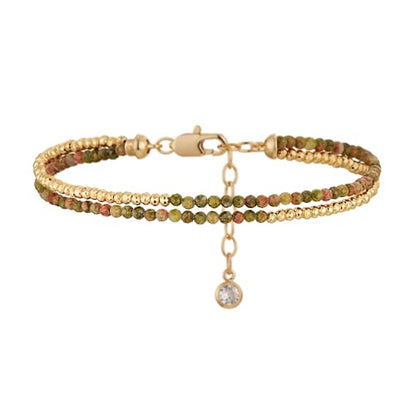 Women Beaded Bracelet Gold Double Layer Gemstone 14K Simple Dainty Handmade Chain Everyday Boho Beach Jewelry - style: Unakite