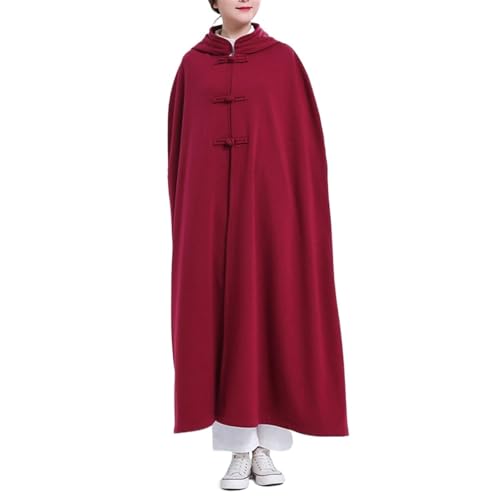 Unisex Meditation Buddhist Hooded Cloak Loose-Fit Comfortable Warm Prayer Robe Button Down Coat Poncho - color: Red, size: Large