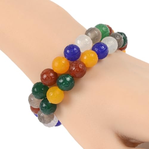 Justinstones Gem Semi Precious Gemstone 10mm Round Beads Stretch Bracelet 7 Inch Unisex - color: Multicolor Agate Carved Auspicious Cloud