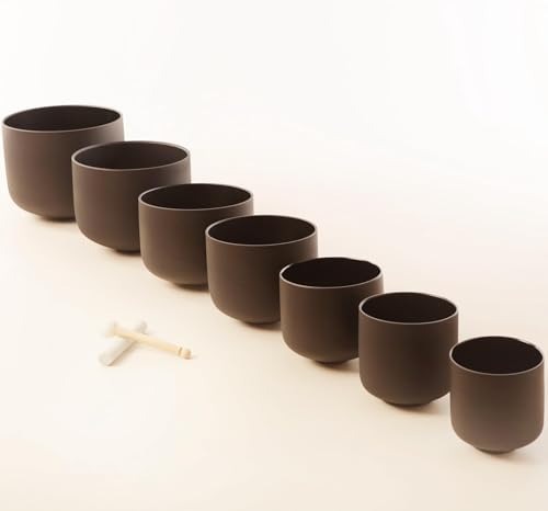 Set of 7 size 6-12 inch Black Chakra Tuned 432hz Quartz Crystal Singing Bowls with Heavy Duty Carrying Cases and Singing Bowl Mallet Suede Strikers BK - color: Set of 7, Black