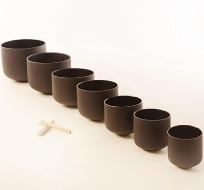 Set of 7 size 6-12 inch Black Chakra Tuned 432hz Quartz Crystal Singing Bowls with Heavy Duty Carrying Cases and Singing Bowl Mallet Suede Strikers BK - color: Set of 7, Black
