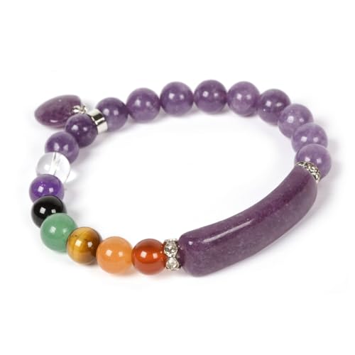 Justinstones Gem Semi Precious Gemstone Love Heart Charm Stretch Beaded Bracelet Unisex - color: Lepidolite Lithium Mica(7 Chakra)