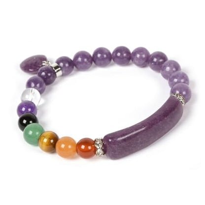 Justinstones Gem Semi Precious Gemstone Love Heart Charm Stretch Beaded Bracelet Unisex - color: Lepidolite Lithium Mica(7 Chakra)
