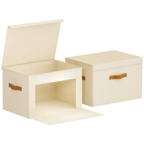 Large Storage Bins with Lids - Front Opening Fabric Storage Bins, Flap Closet Organizer with Handles, Collapsible Boxes with Lid, Decorative Basket for Home, Dorm, 2 Pack, Beige