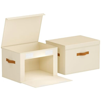 Large Storage Bins with Lids - Front Opening Fabric Storage Bins, Flap Closet Organizer with Handles, Collapsible Boxes with Lid, Decorative Basket for Home, Dorm, 2 Pack, Beige