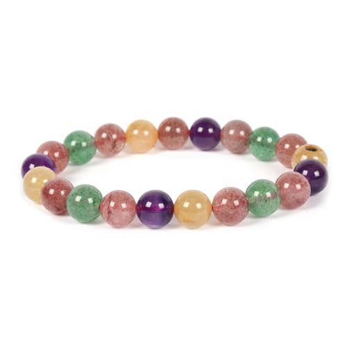 Justinstones Gem Semi Precious Gemstone 8mm Round Beads Stretch Bracelet 7 Inch Unisex - color: Multi-color Strawberry Quartz Amethyst