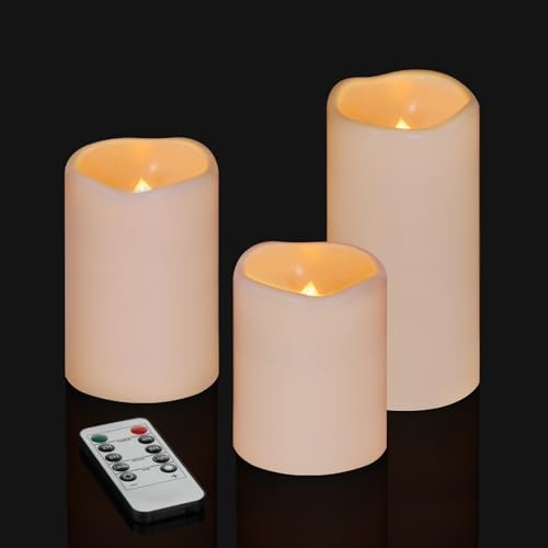 Flameless Candles 4" 5" 6" Outdoor Indoor Pillars Battery Operated Flickering Candles Include 10-Key Remote Timer 400+ Hours by 2 AA Batteries (Ivory Candle - Warm light, 3"D x 4"|5"|6" H - 3 Pack) - color: Ivory Candle - Warm light, size: 3"D x 4"|5"|6"
