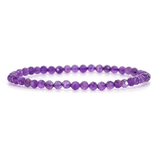 Angelstones Natural Gemstone Small Beaded Stretch Bracelet, 4mm Faceted Round Beads, Crystal Healing Bracelet for Women - color: Amethyst